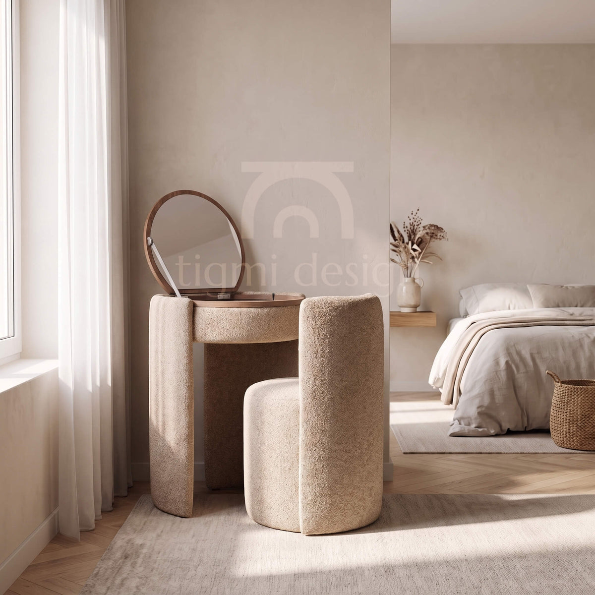 Coiffeuse Amira et chaise en bouclette beige, Tigmi Design