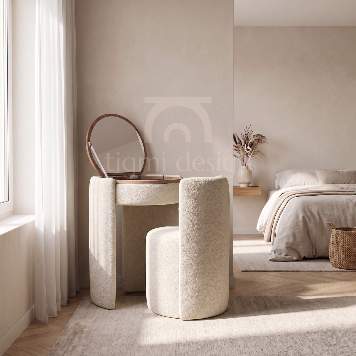 Coiffeuse Amira et chaise en bouclette blanc cassé, Tigmi Design