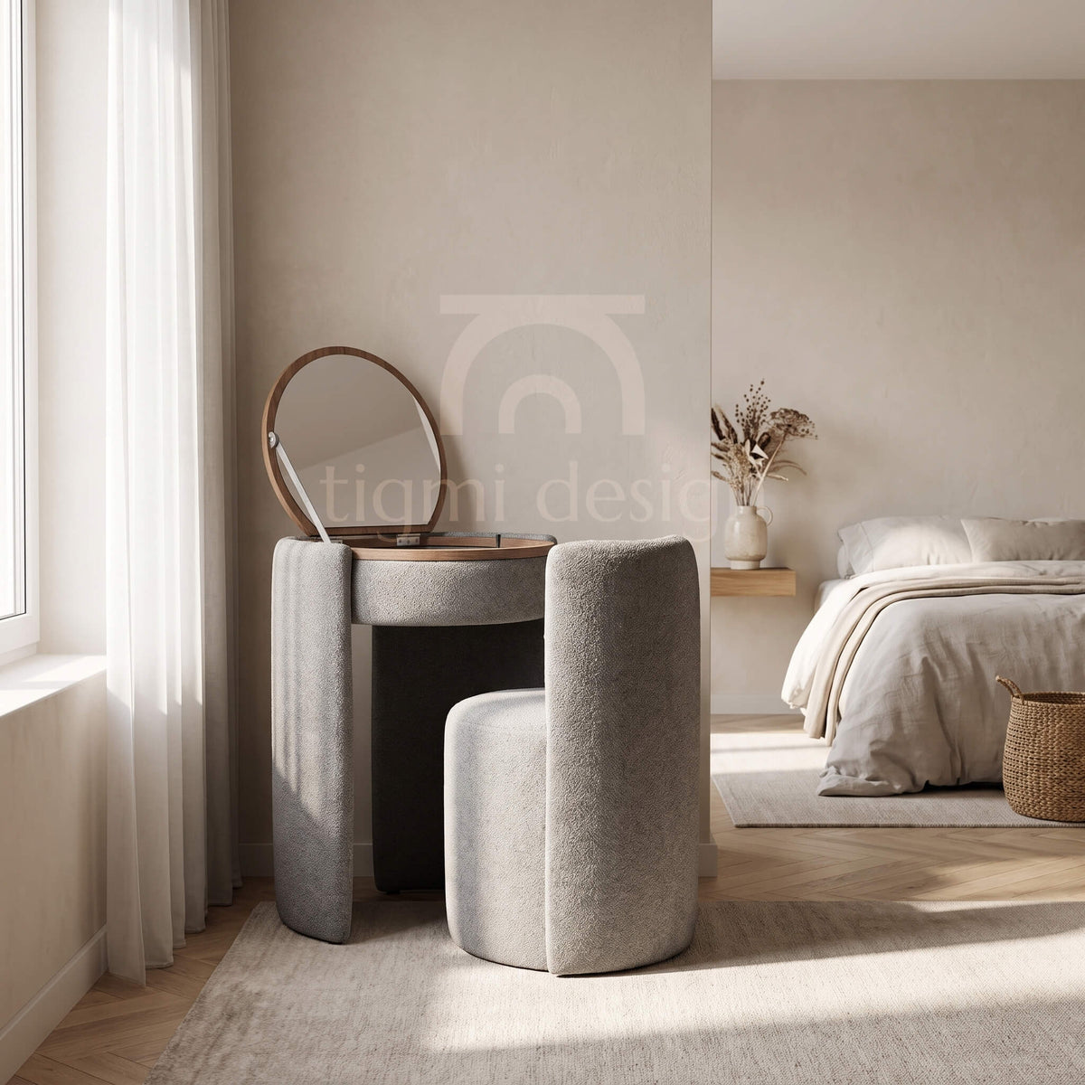 Coiffeuse Amira et chaise en bouclette grise, Tigmi Design