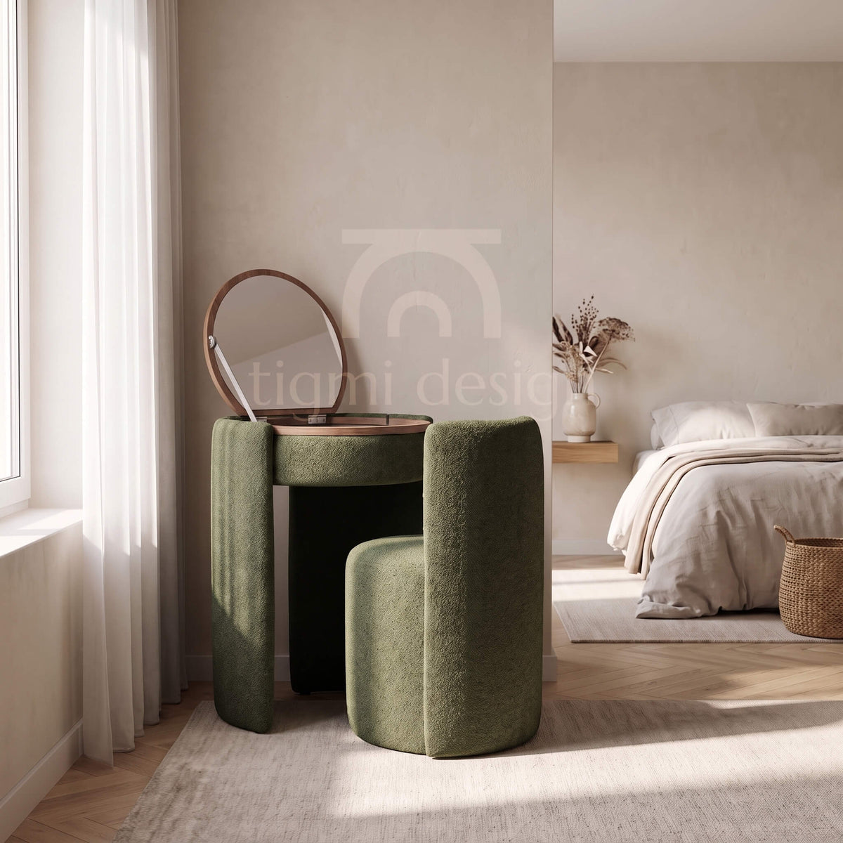 Coiffeuse Amira et chaise en bouclette vert olive, Tigmi Design