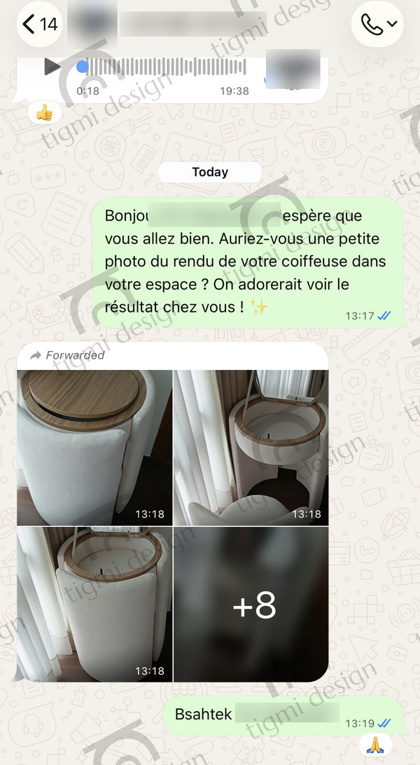 Avis client Tigmi Design – coiffeuse Amira (conversation WhatsApp, données masquées)
