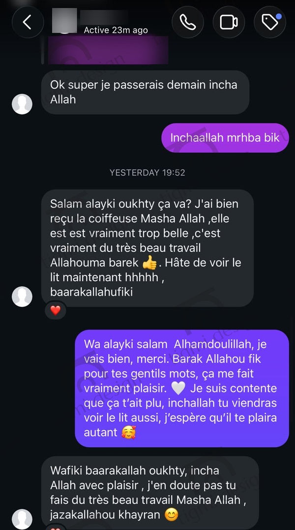 Avis client Tigmi Design – coiffeuse Amira (conversation WhatsApp, données masquées)