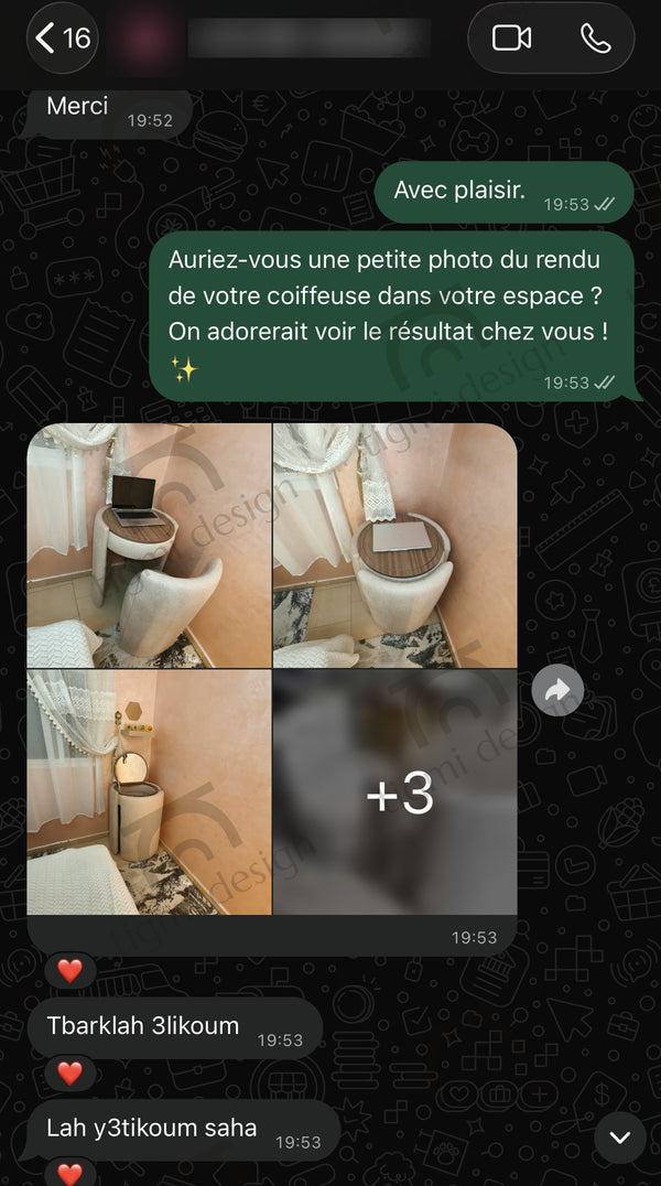 Avis client Tigmi Design – coiffeuse Amira (conversation WhatsApp, données masquées)