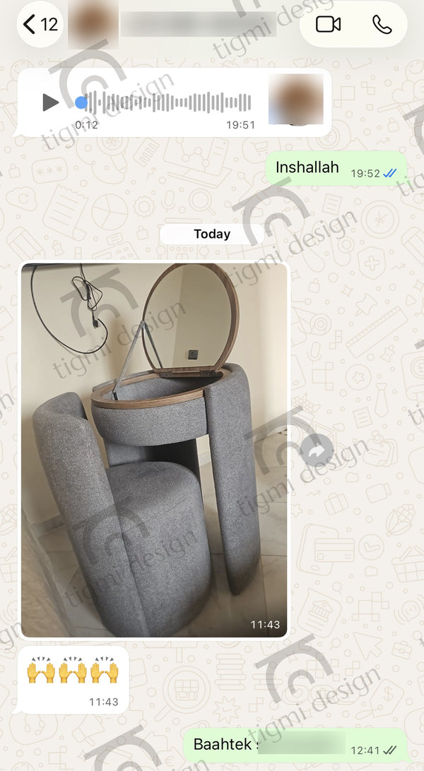Avis client Tigmi Design – coiffeuse Amira (conversation WhatsApp, données masquées)