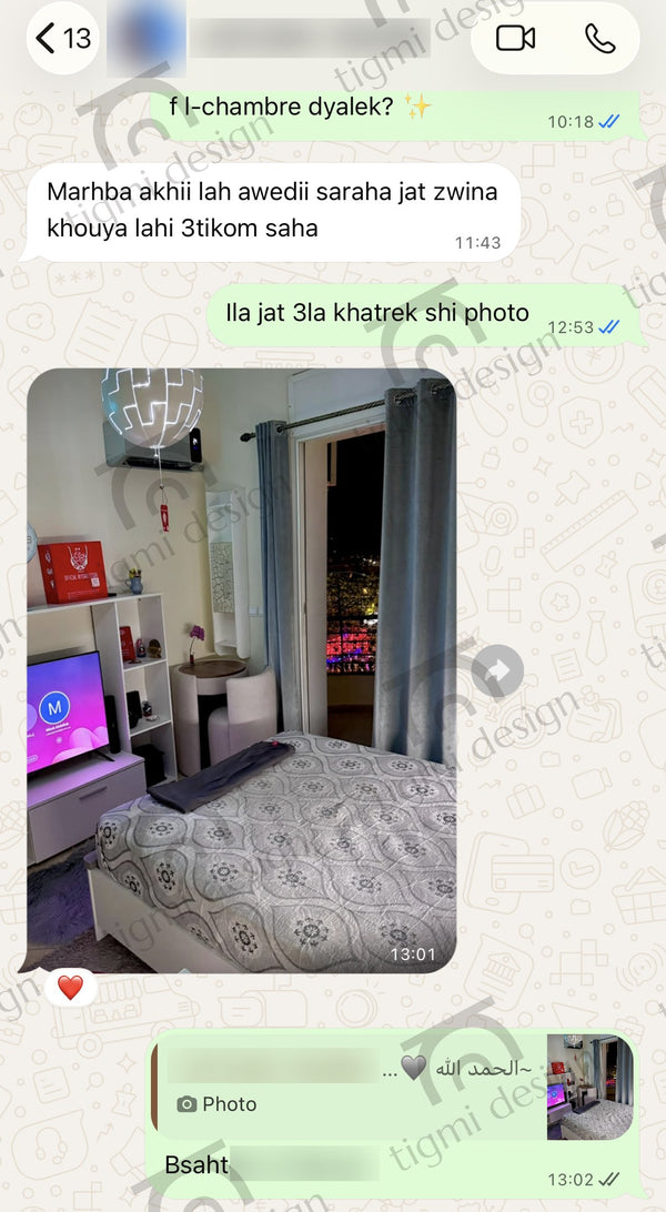 Avis client Tigmi Design – coiffeuse Amira (conversation WhatsApp, données masquées)