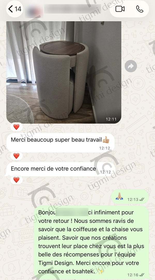 Avis client Tigmi Design – coiffeuse Amira (conversation WhatsApp, données masquées)