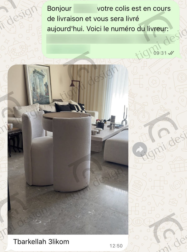 Avis client Tigmi Design – coiffeuse Amira (conversation WhatsApp, données masquées)