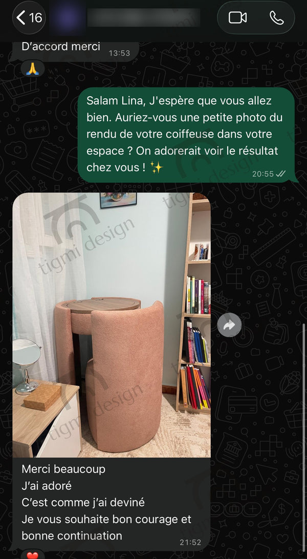 Avis client Tigmi Design – coiffeuse Amira (conversation WhatsApp, données masquées)