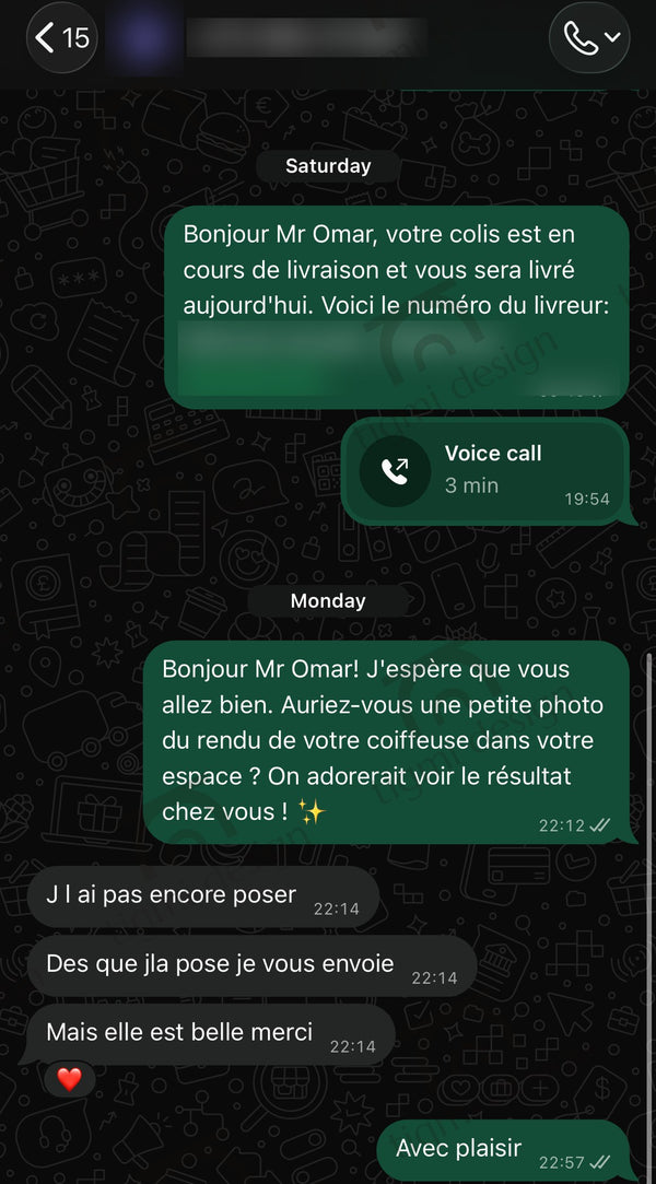 Avis client Tigmi Design – coiffeuse Amira (conversation WhatsApp, données masquées)