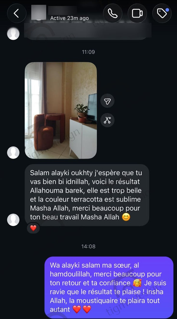 Avis client Tigmi Design – coiffeuse Amira (conversation WhatsApp, données masquées)