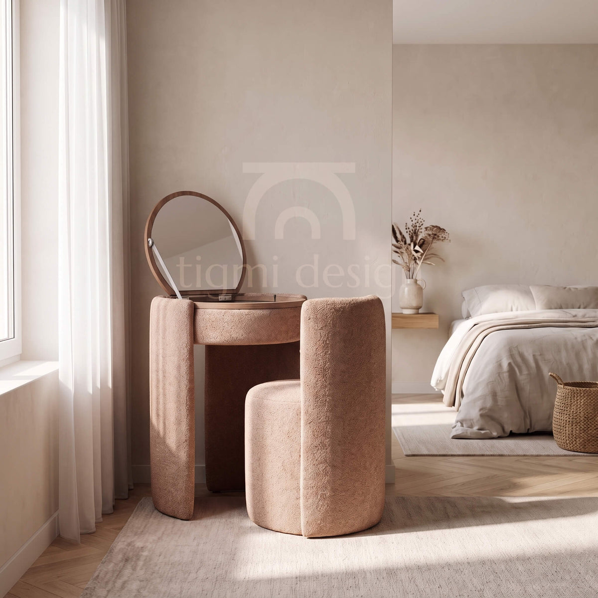 Coiffeuse Amira et chaise en bouclette rose, Tigmi Design
