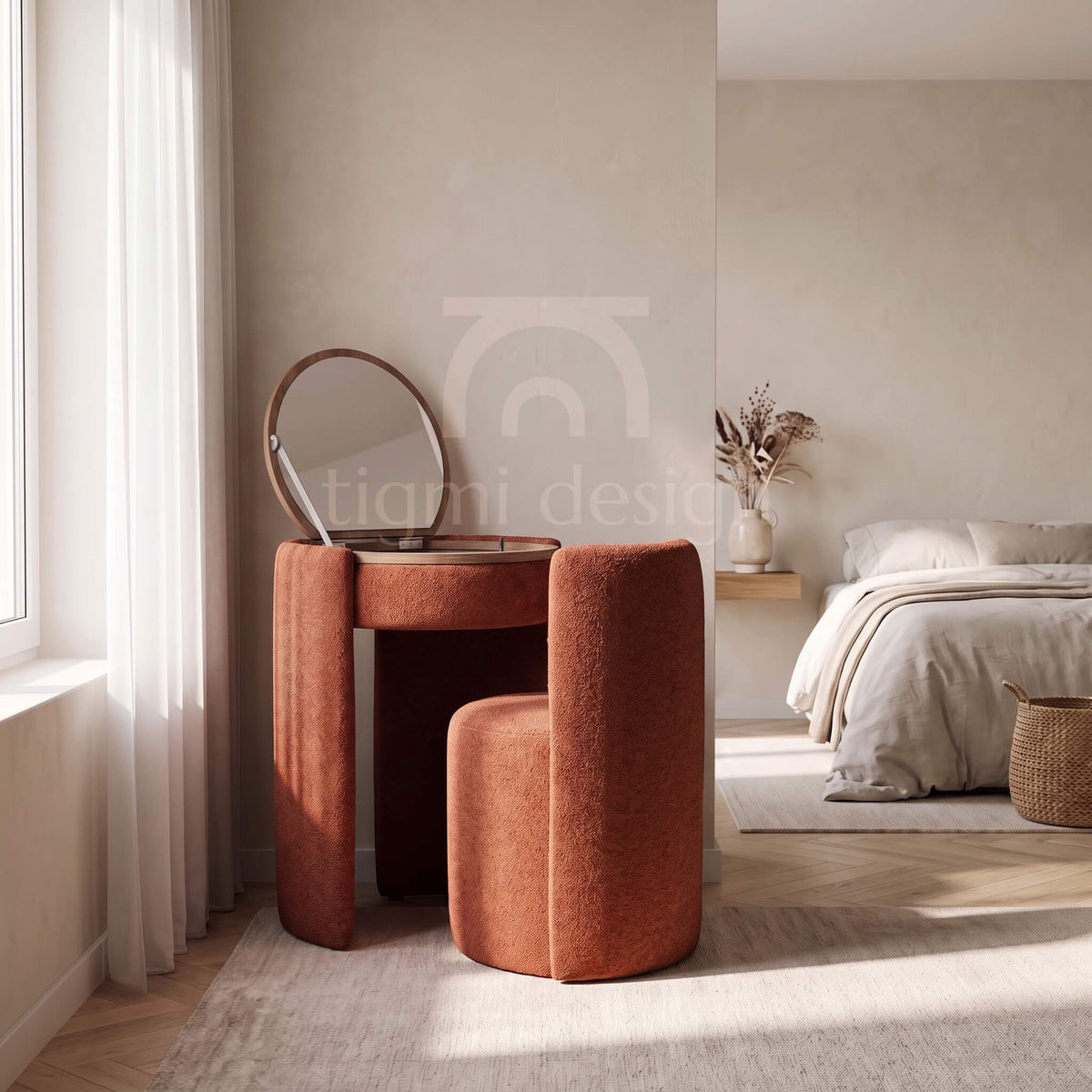 Coiffeuse Amira et chaise en bouclette terracotta, Tigmi Design